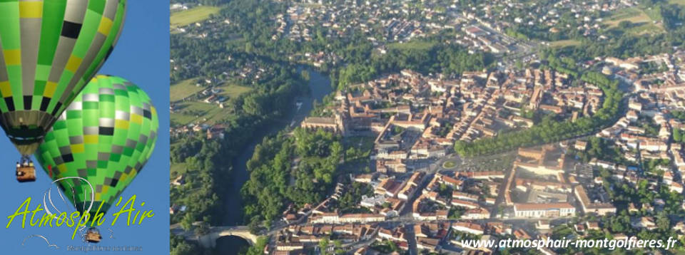 vue aérienne de la cathédrale Saint Alain de Lavaur en montgolfière