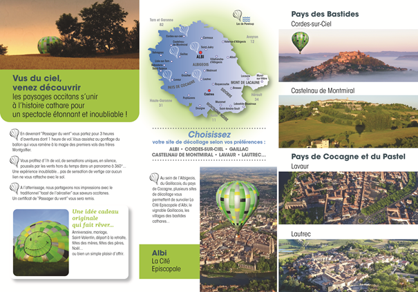 Dépliant de présentation verso des vols en montgolfière et sites de décollage dans le Tarn