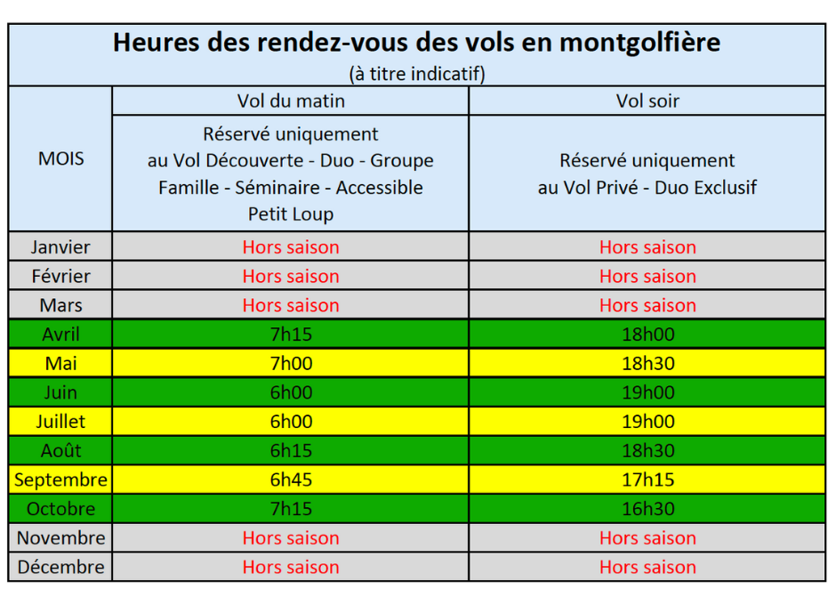 horaires des vols en montgolfières Atmosph'Air