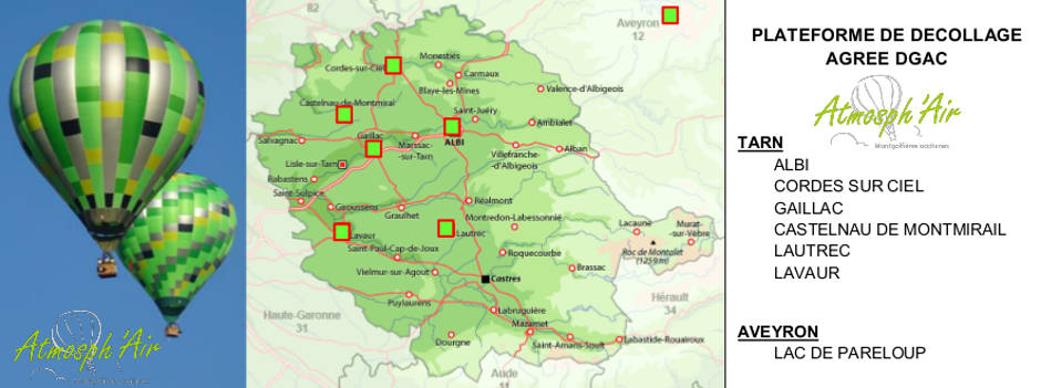 Plan des sites de décollage des vols en montgolfière dans le Tarn
