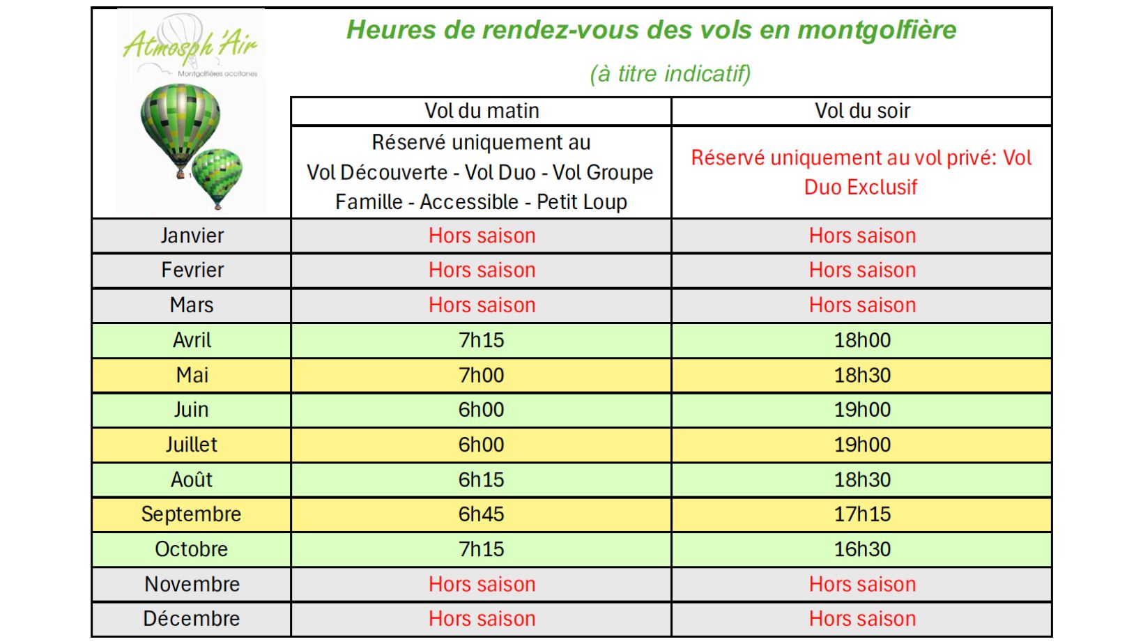 horaires des vols en montgolfières Atmosph'Air