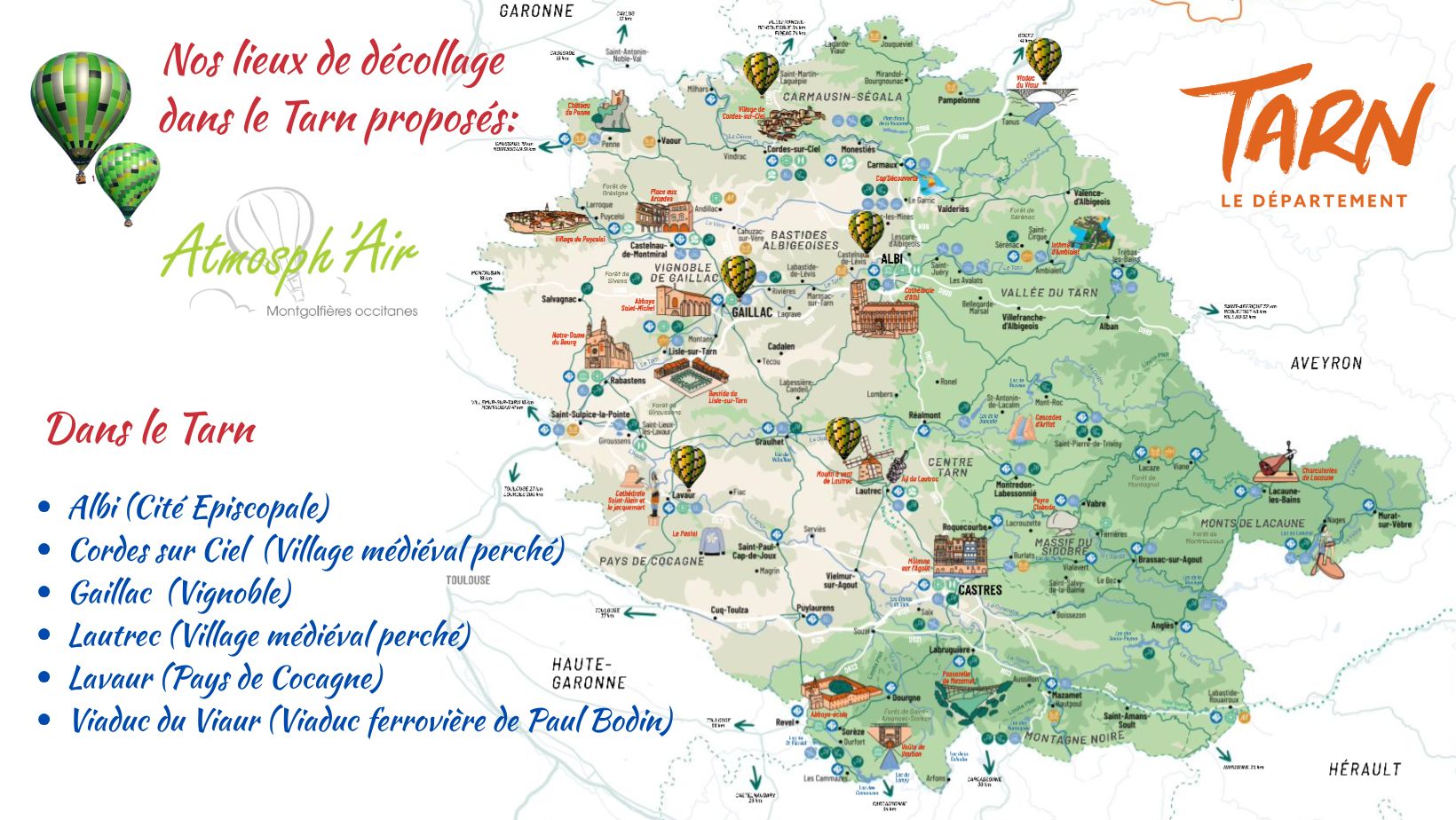 Plan des sites de décollage des vols en montgolfière dans le Tarn