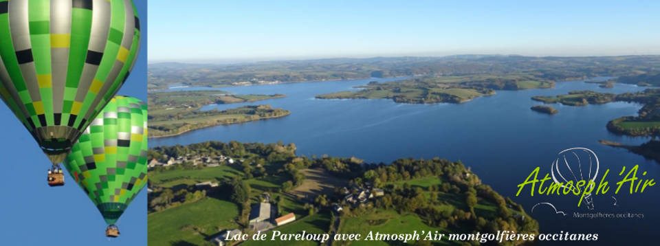 Vue aérienne en montgolfière des monts et lacs du Lévézou de Pareloup